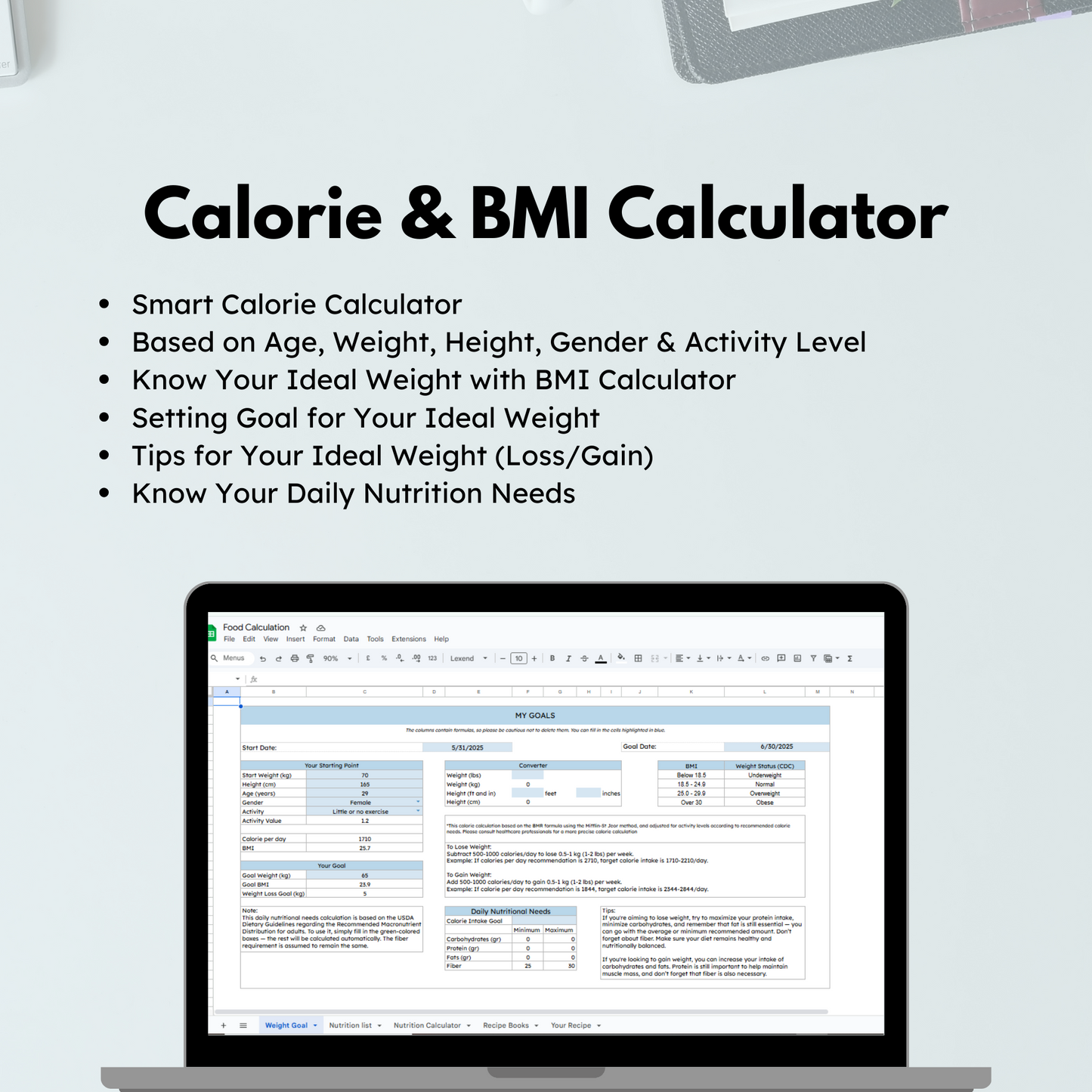BMI Calculator, Calorie Tracker, Weight Goal